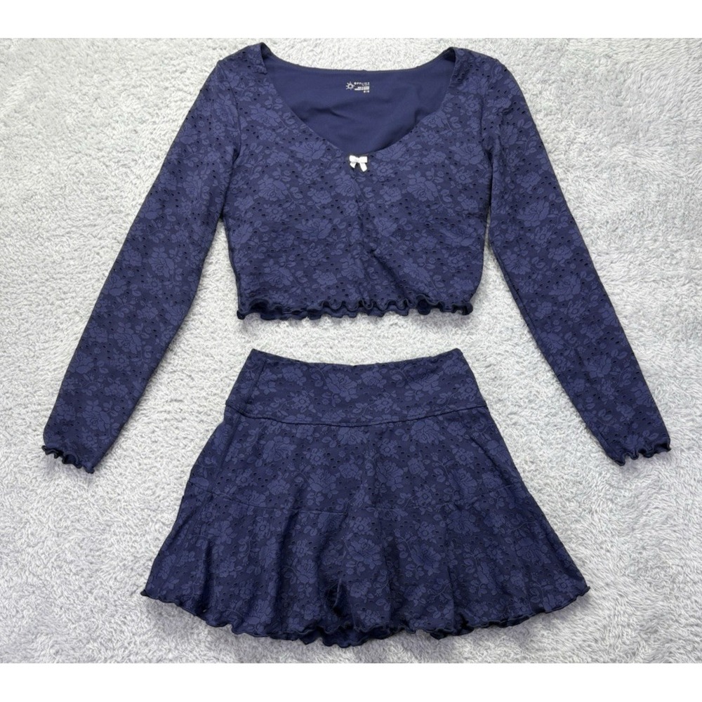 Aerie Womens‎ Real Me Lace Flowy Skort Skirt Crop Top Royal Blue Medium Coquette - Picture 4 of 15